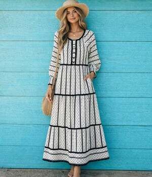 HUNTER BELL Sz M Medium Goldie Dress Black Clip Ivory Long Sleeve Midi